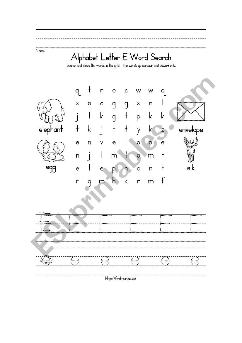 Alphabet letter E word search worksheet