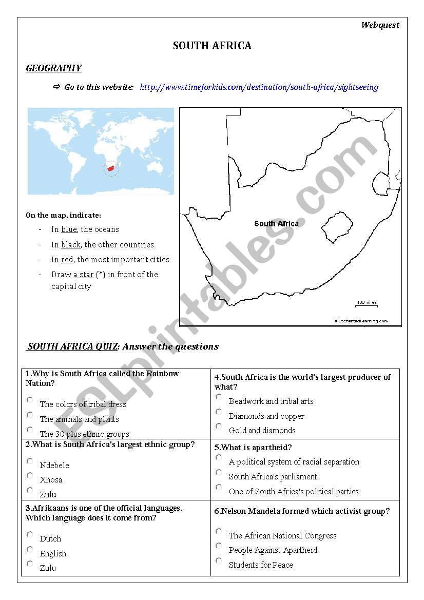 SOUTH AFRICA worksheet