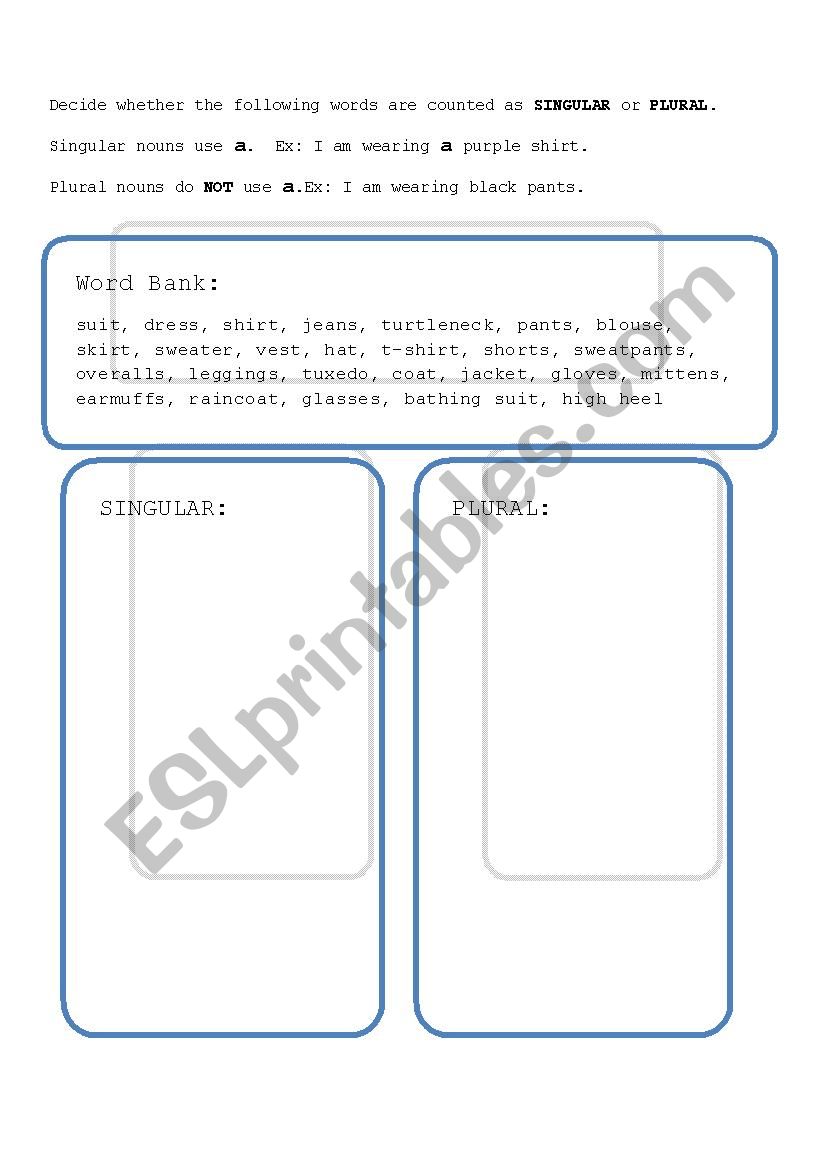 Plural and Singular Clothing  worksheet