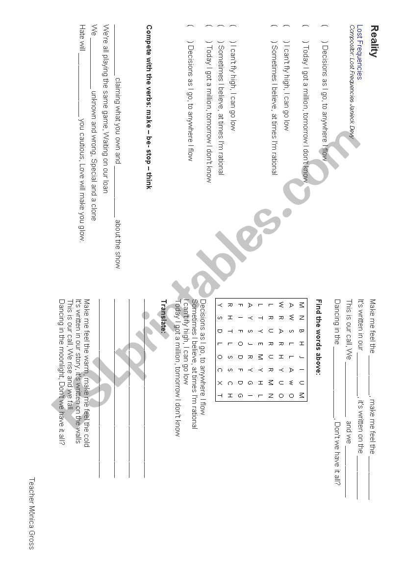 Reality - Lost Frequencies worksheet