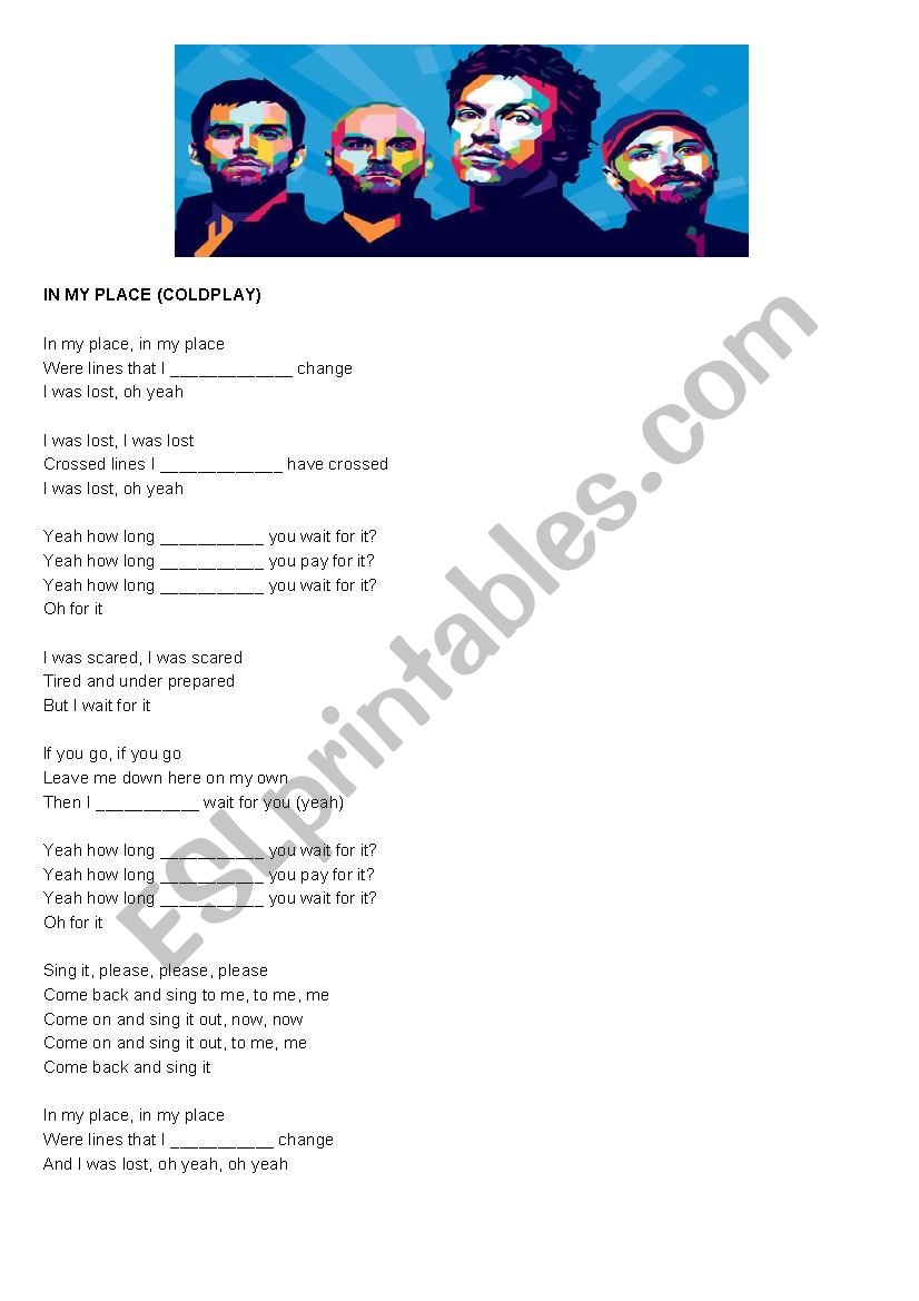 In my place (coldplay) worksheet