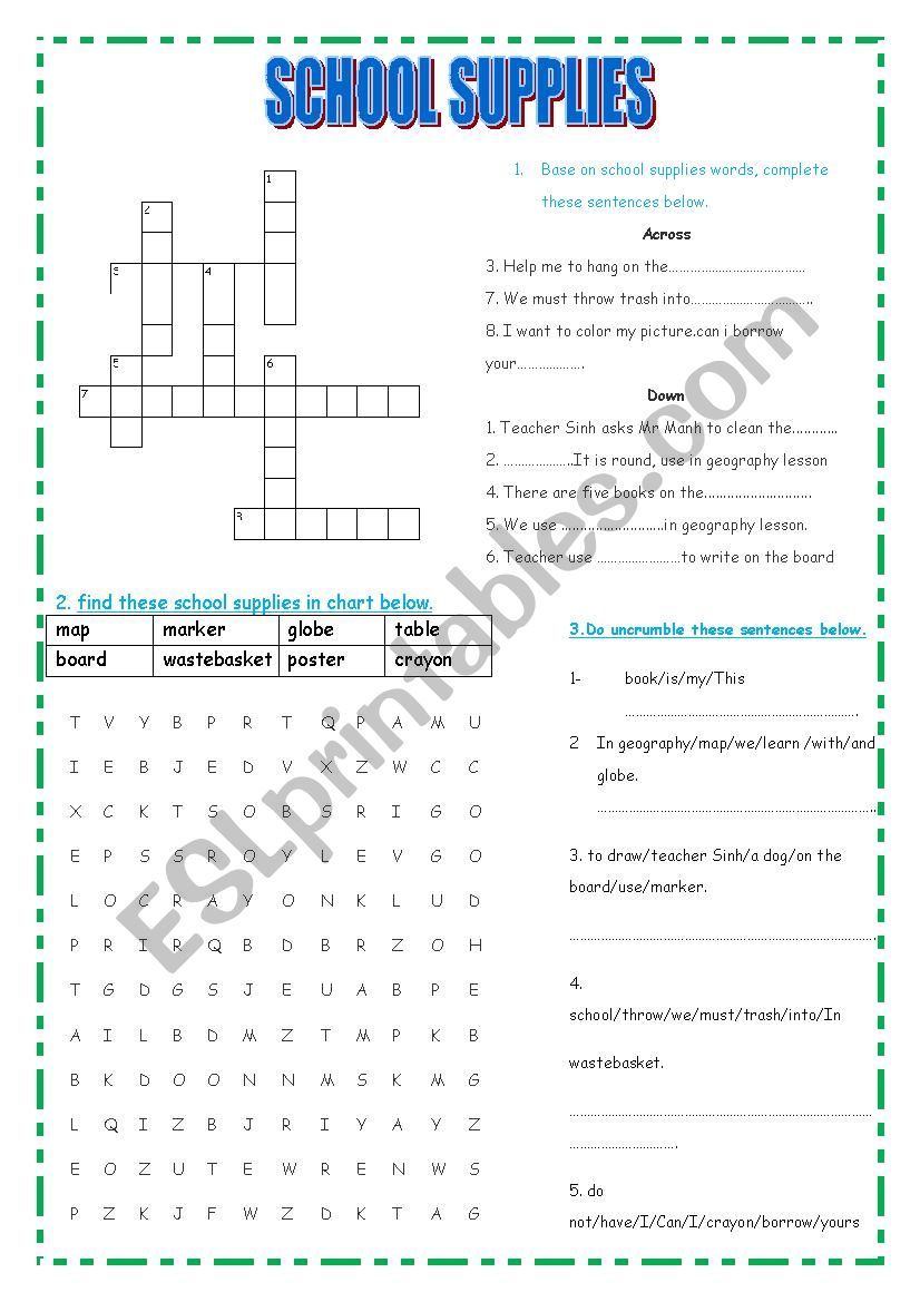 SCHOOL SUPPLIES - EXERCISE-CROSS WORD - WORDSEARCH