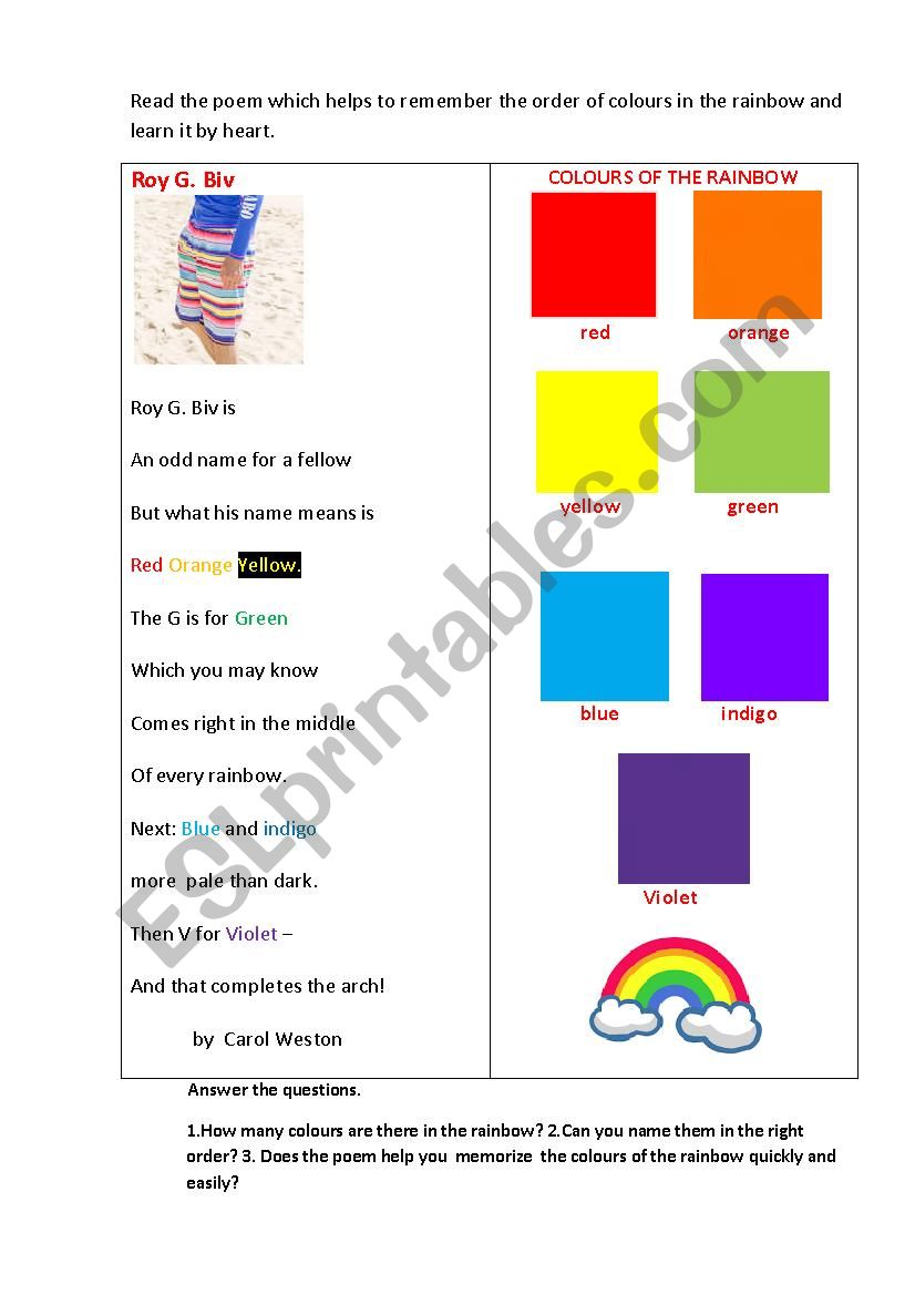 ROY G. BIV (a poem) worksheet