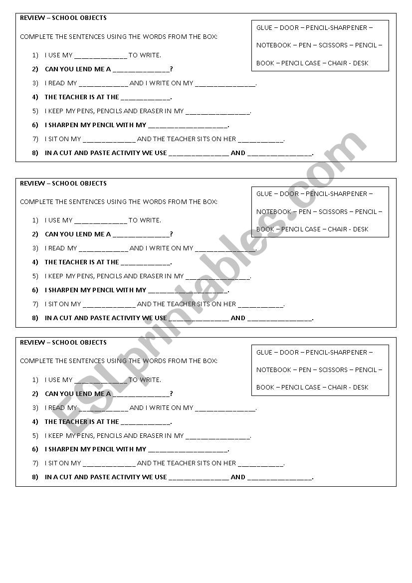 School objects worksheet