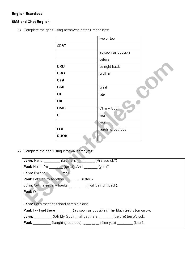 SMS and Chat English worksheet