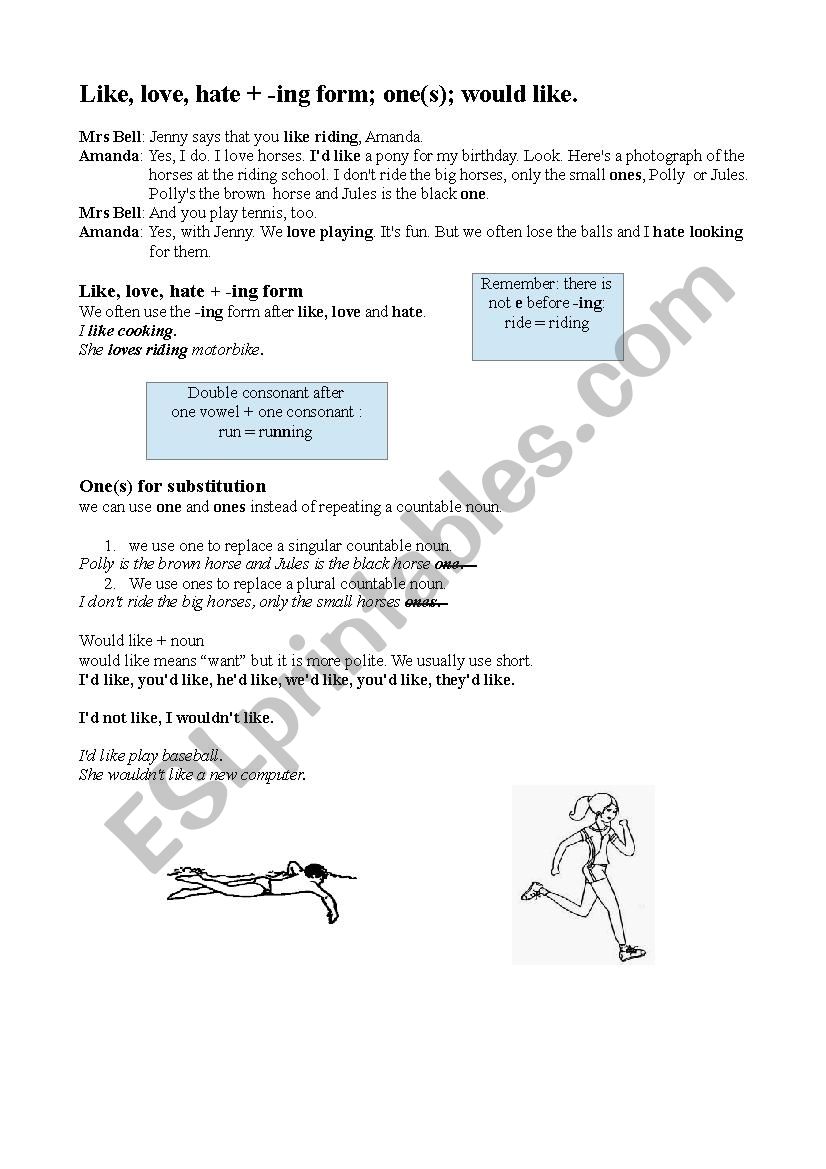 like, love and hate + ing worksheet