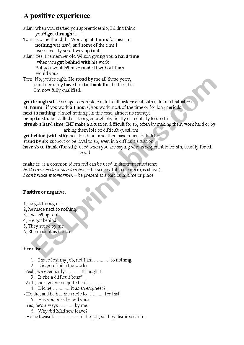 work positive experience worksheet