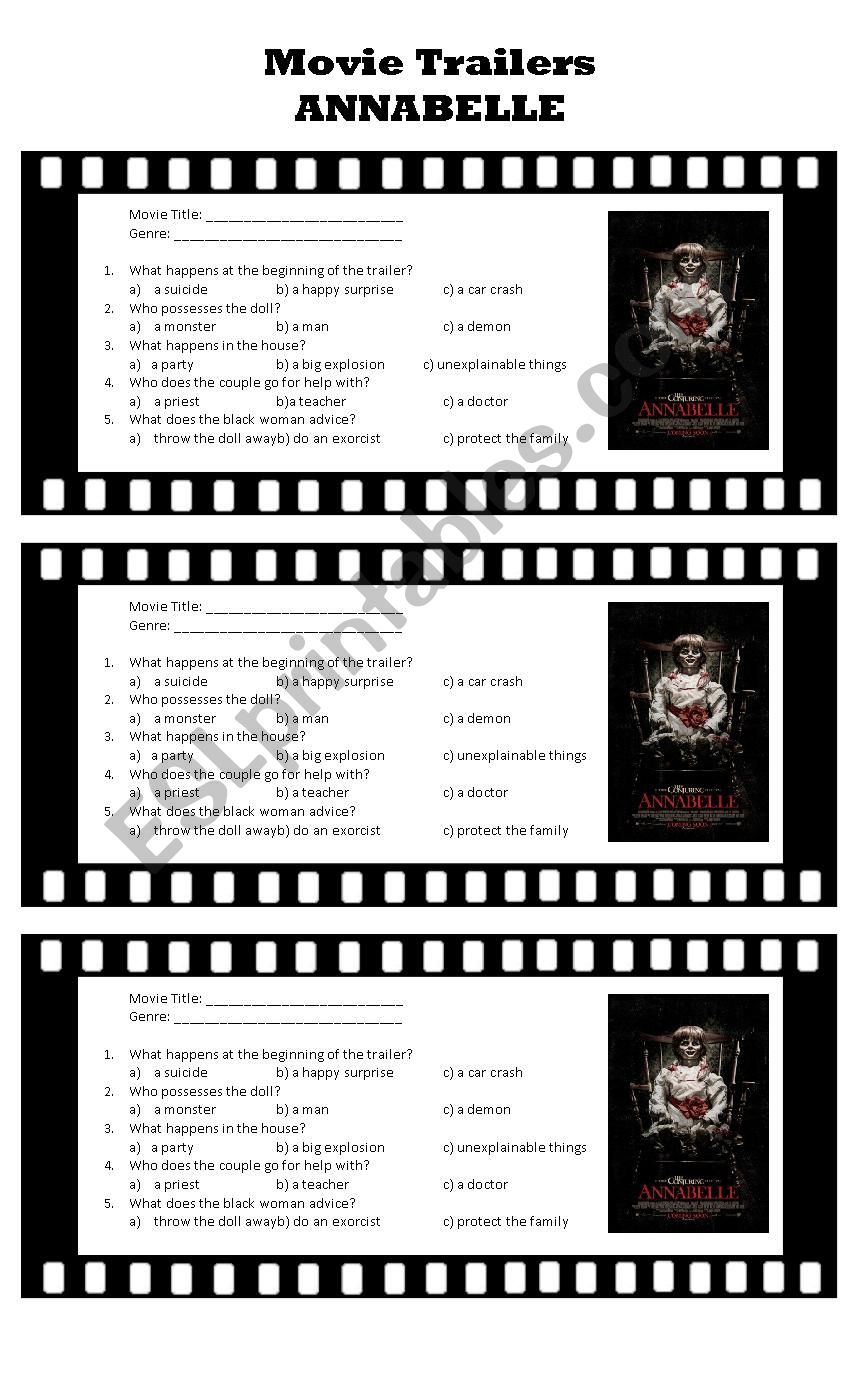 Movie Trailers: Annabelle worksheet