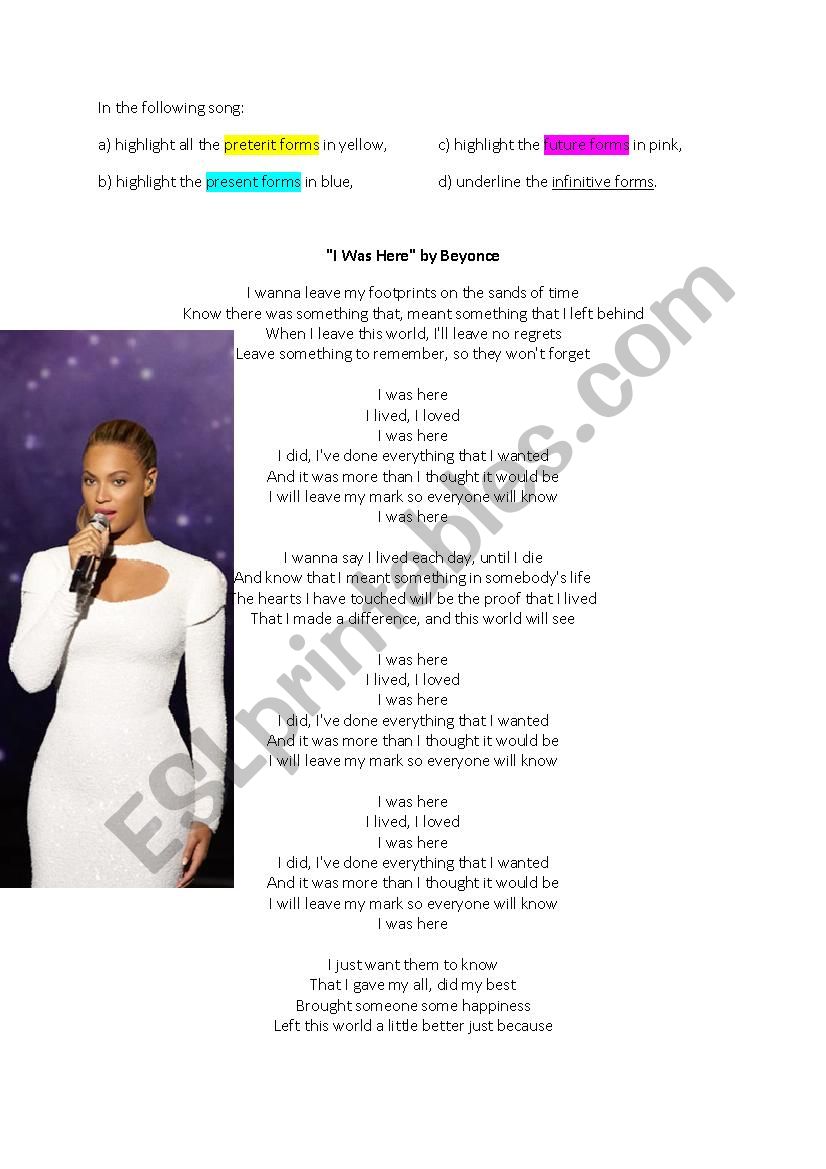 I was here, Beyonce - Tenses worksheet