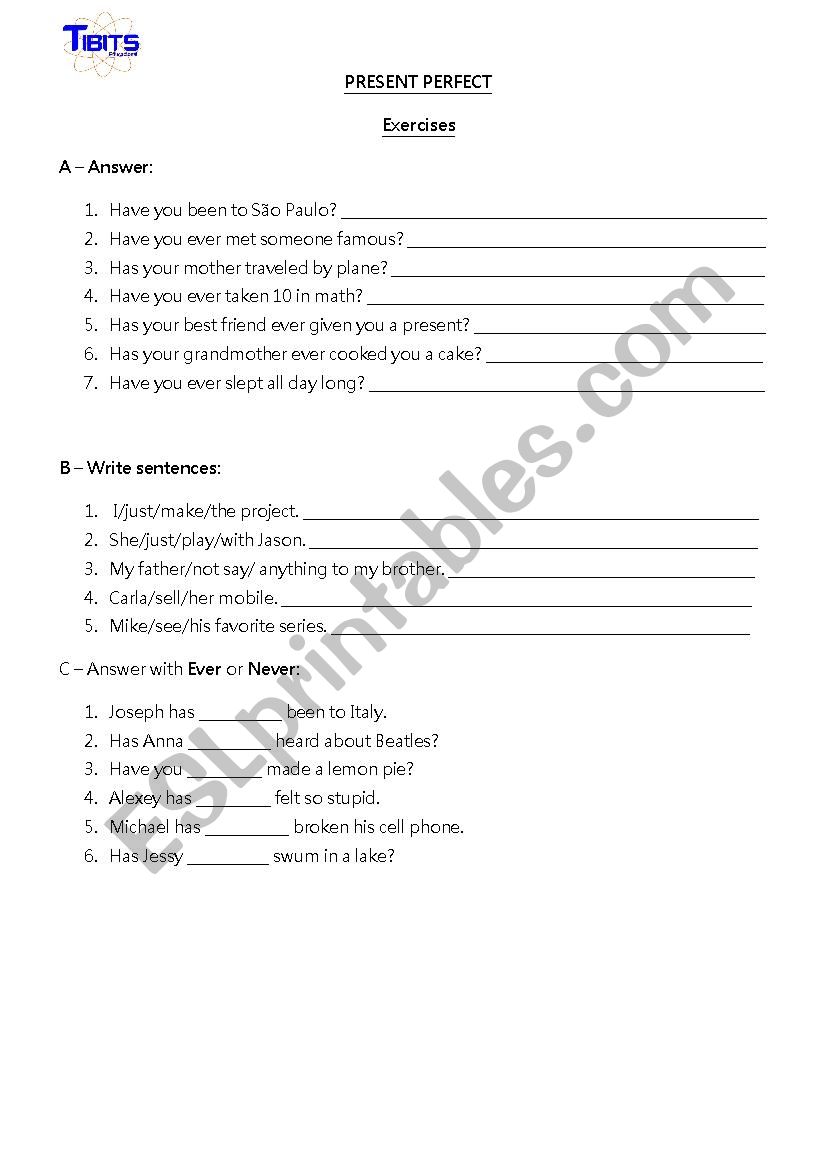 Present Perfect Exercises worksheet