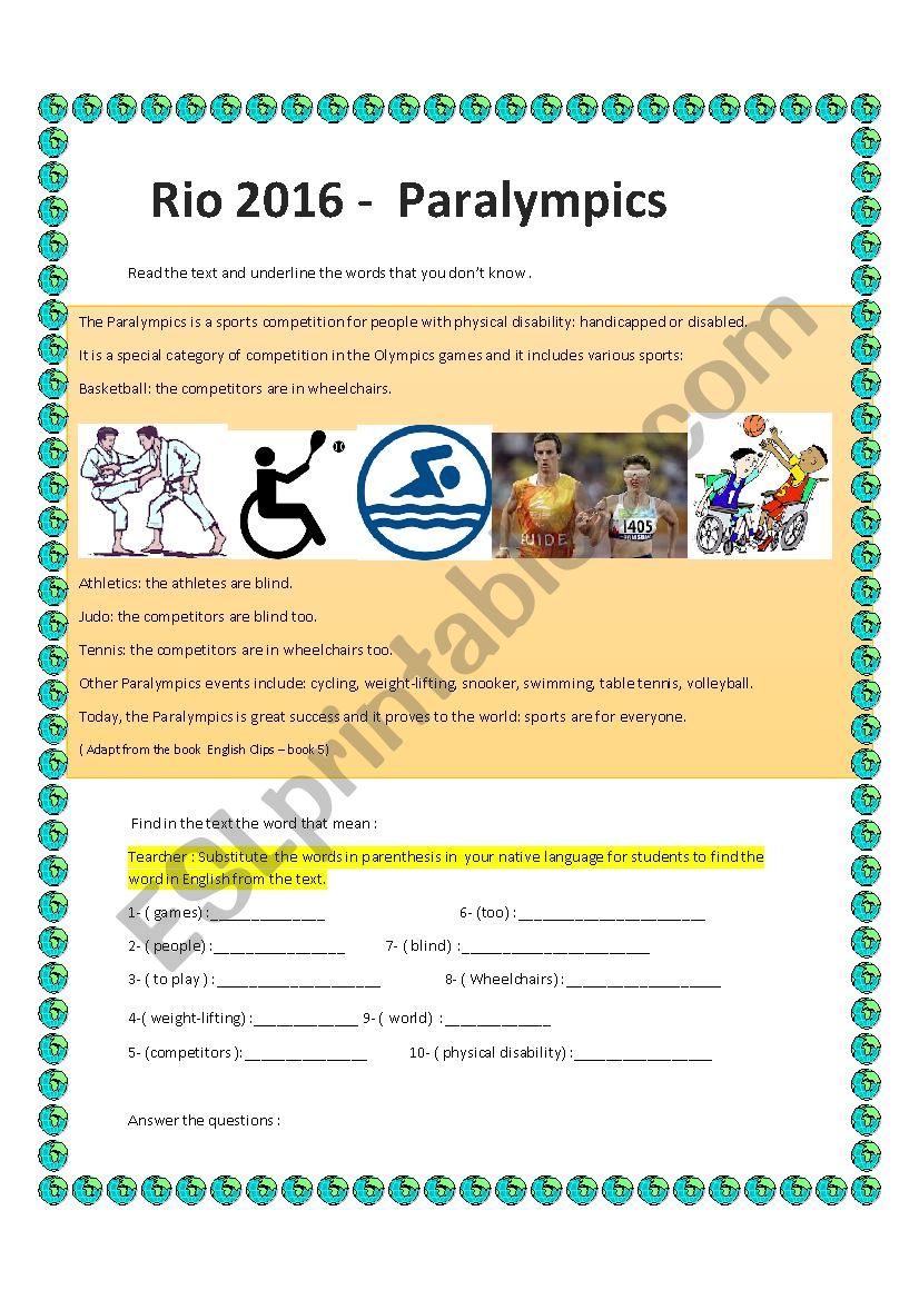 Paralympic Games -2016 worksheet
