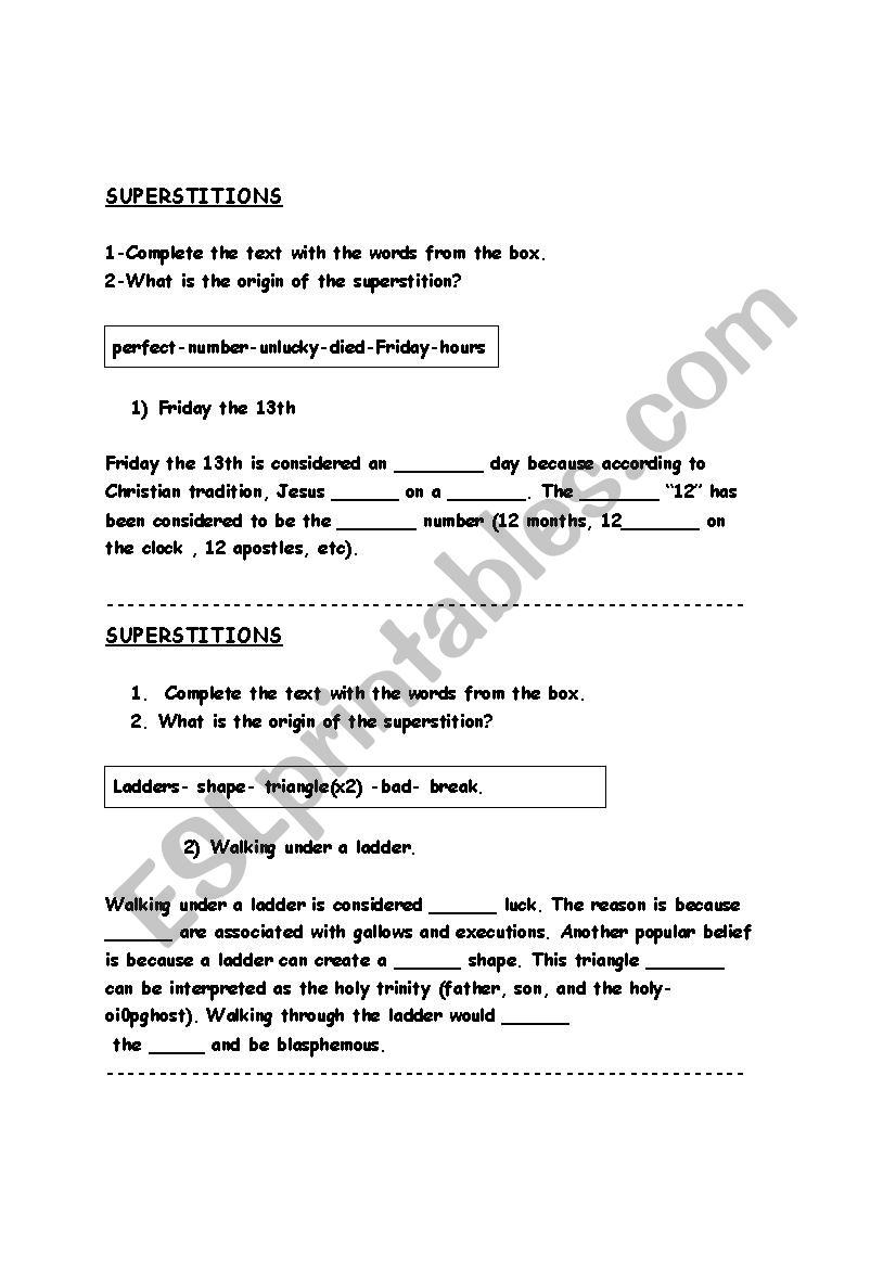 Superstitions (origin) worksheet