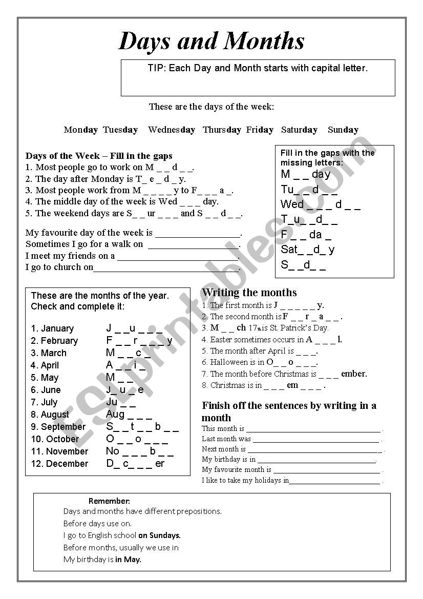 Days and Months worksheet