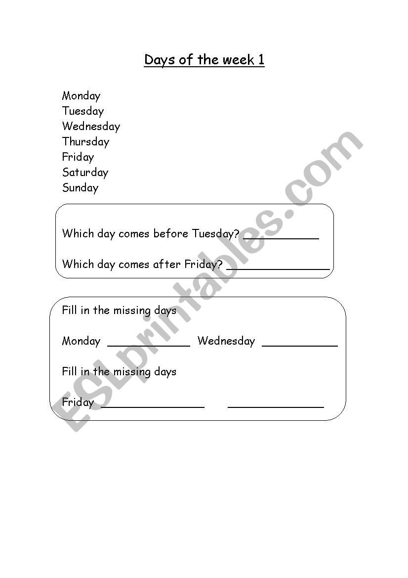 days of the week  worksheet