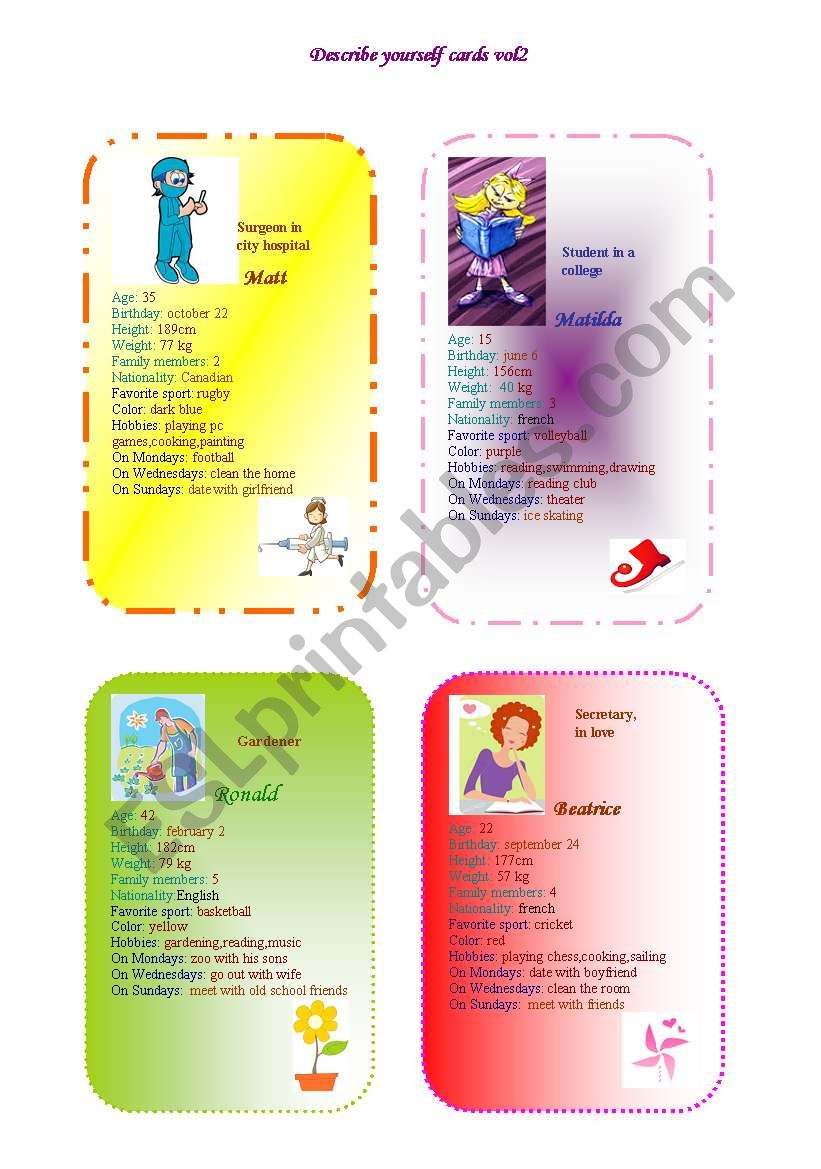 decribe yourself cards 3/2 worksheet