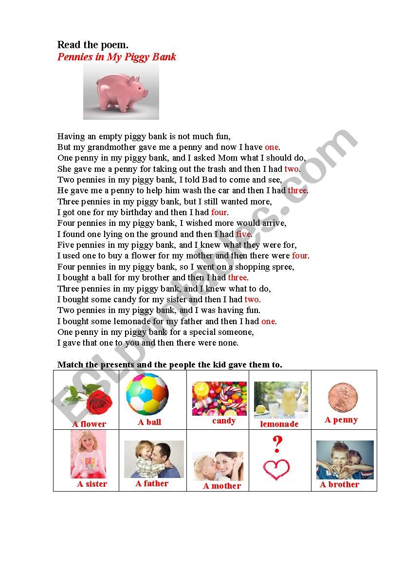 PIGGY BANK ( a poem) worksheet