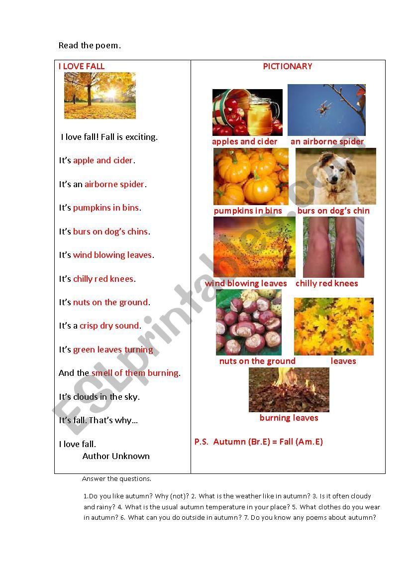 FALL ( a poem) worksheet