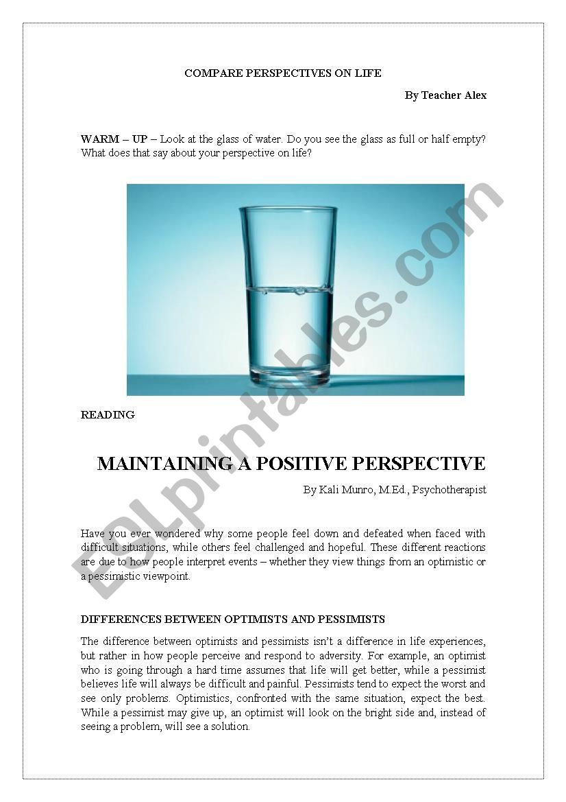 Compare perspectives on life worksheet