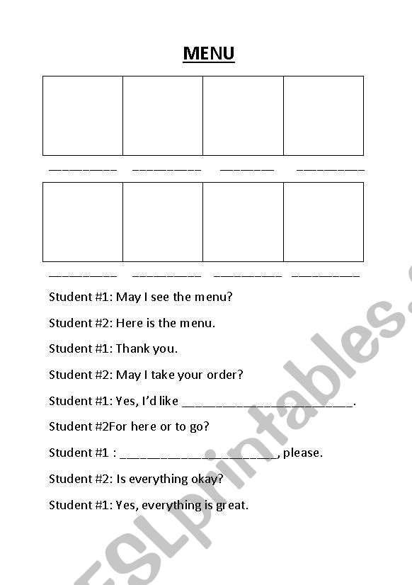 Menu Activity worksheet