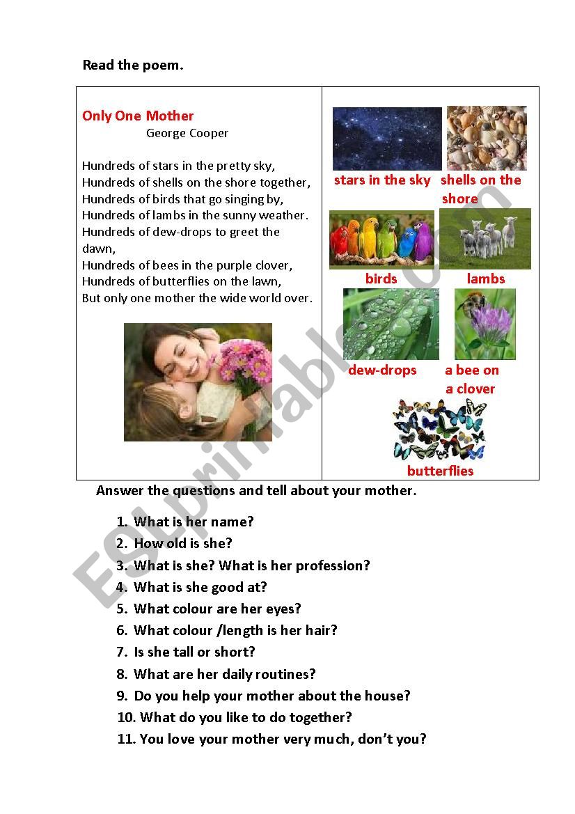 ONLY ONE MOTHER (a poem) worksheet