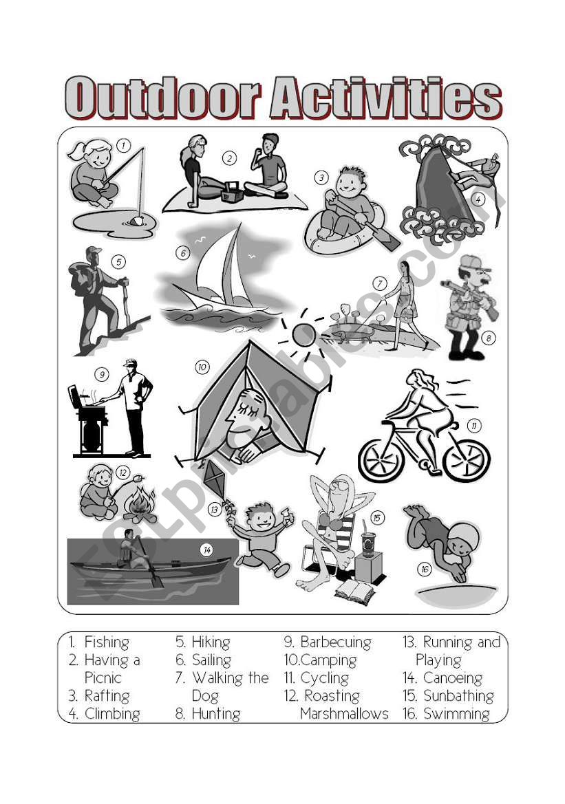 Outdoor Activities Picture Dictionary Greyscale