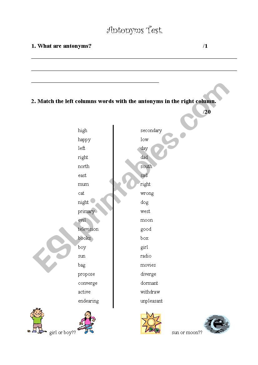 Antonyms Test worksheet