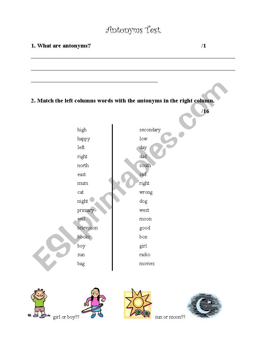 Antonyms Test - Mid Range worksheet