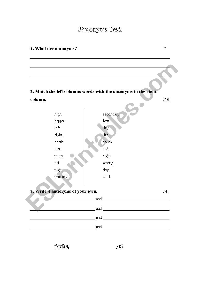 Antonyms Test - Low Range worksheet