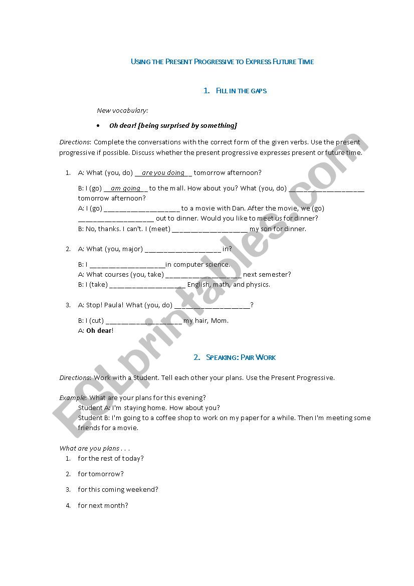 Present Continuous for Future worksheet