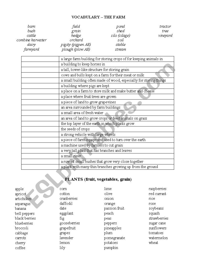 Farm vocabluary worksheet