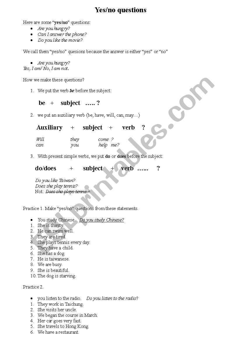 yes/no questions worksheet