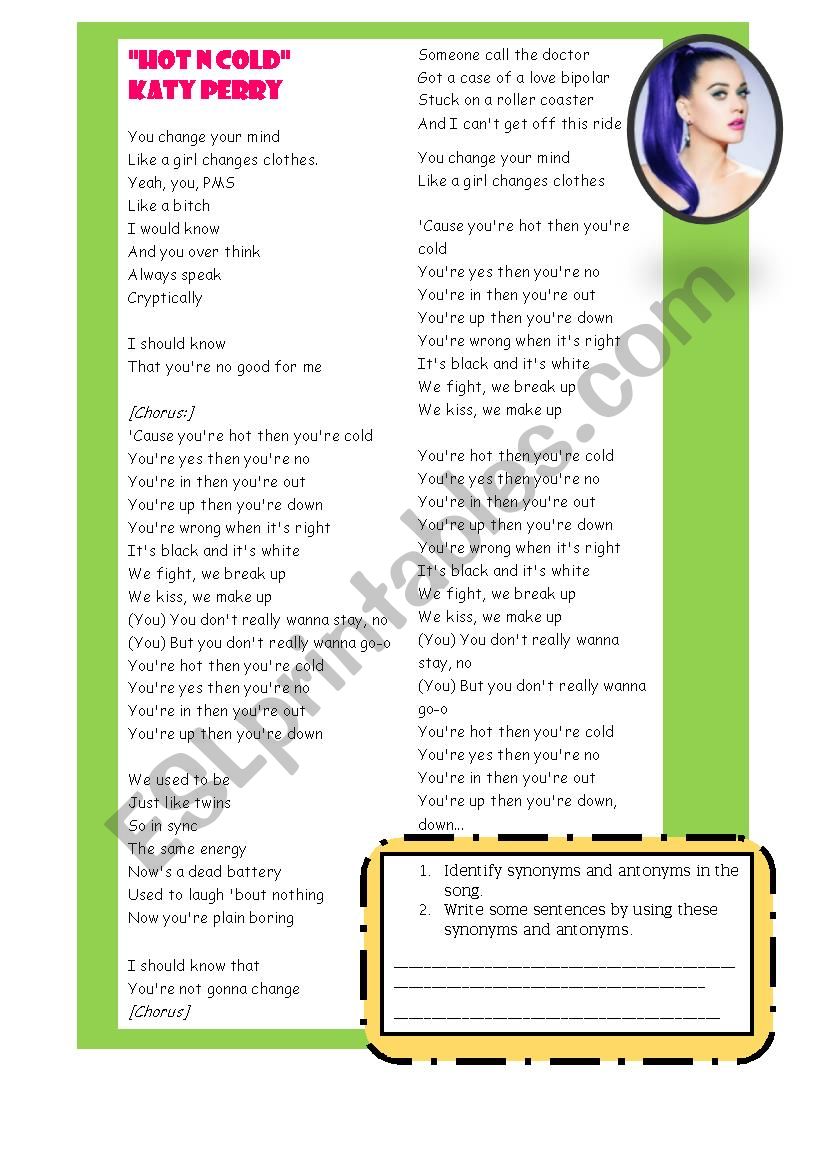 Hot n cold activity song worksheet