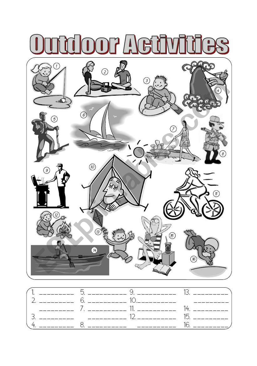 Outdoor Activities Picture Dictionary - Fill in the Blanks Greyscale