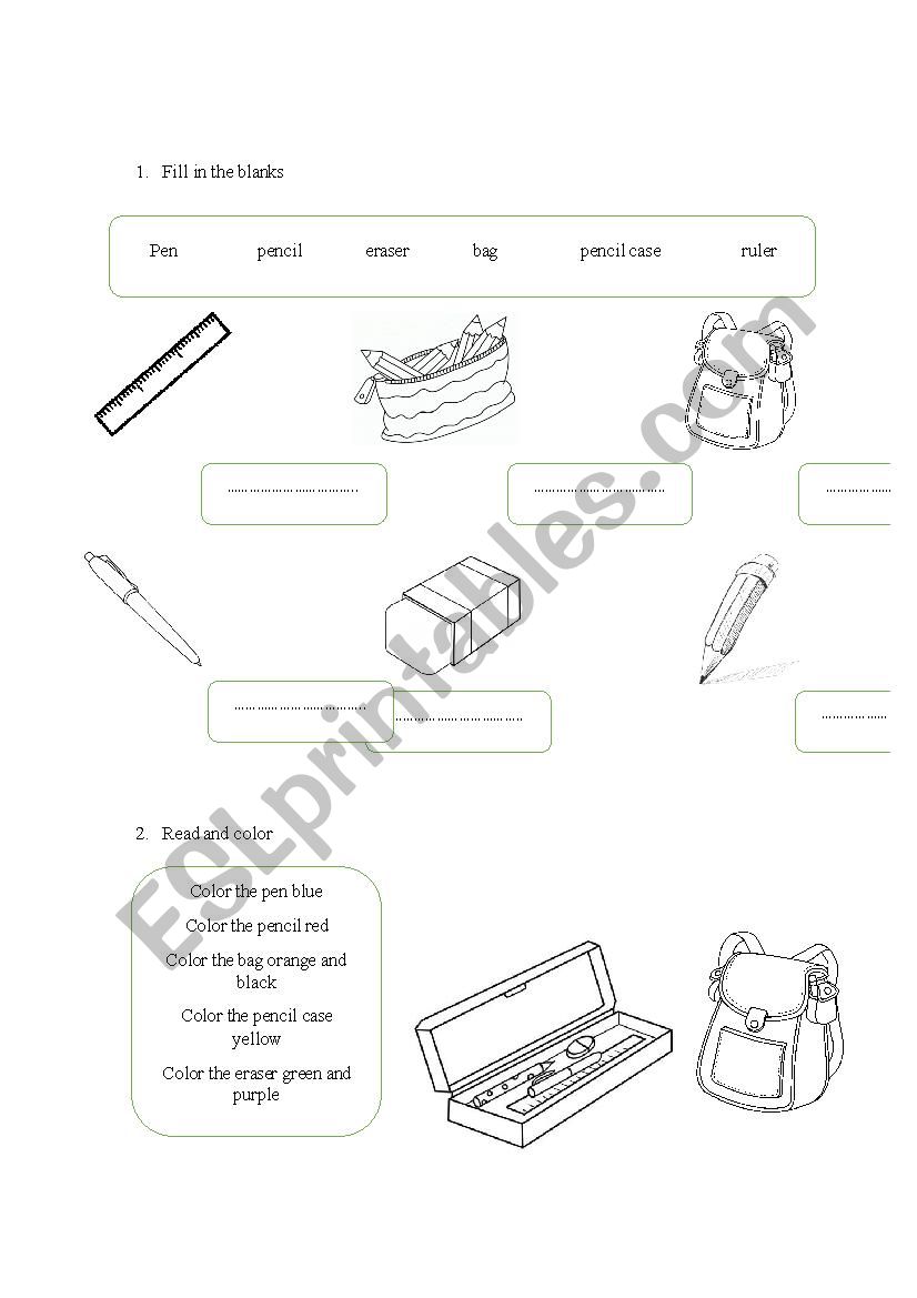 school things and colors worksheet