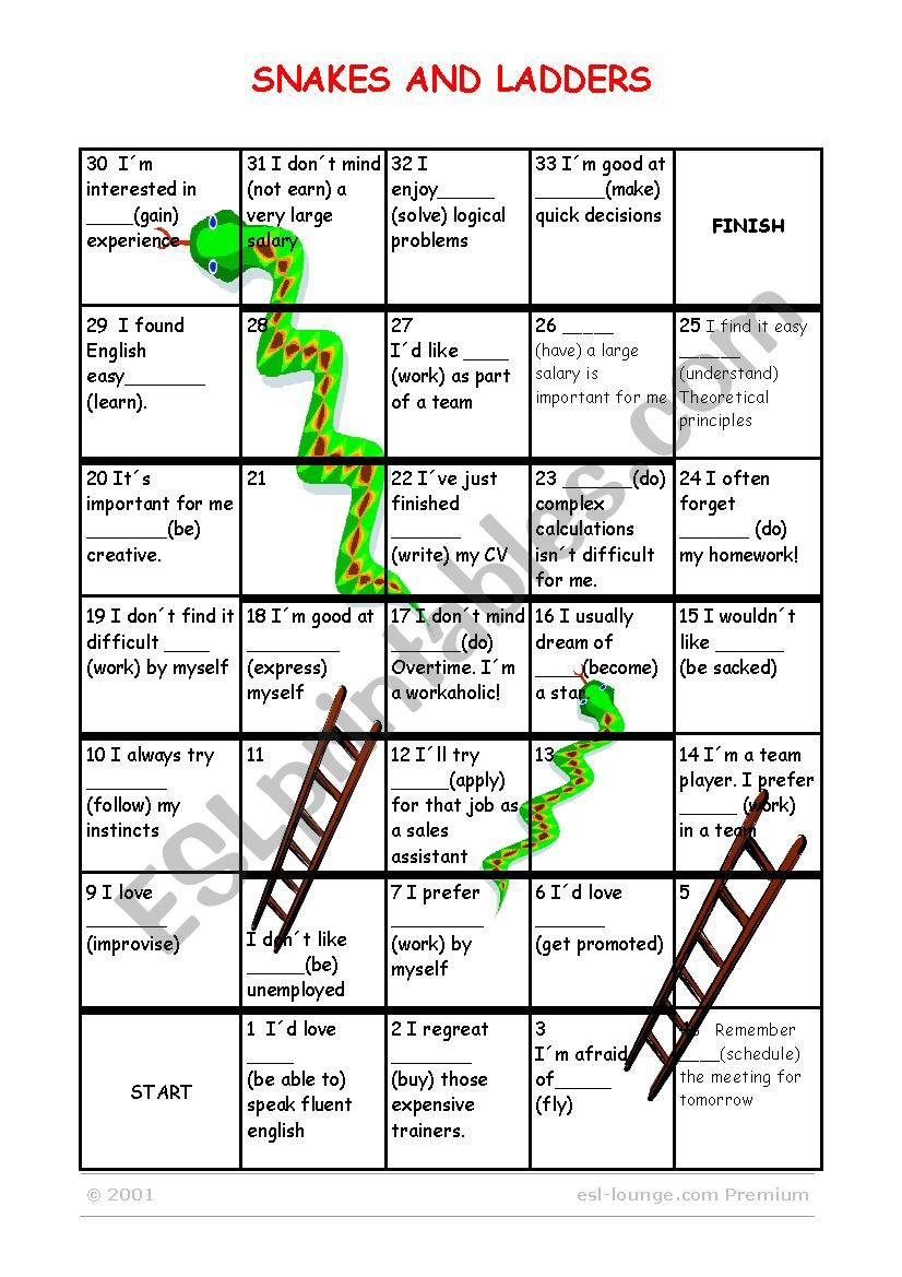 Board game to work on verbs followed by an infinive or gerund