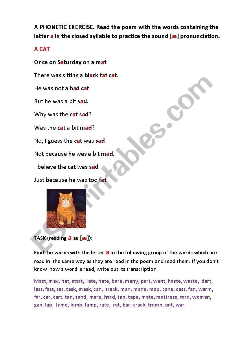 A SAD FAT CAT (a poem) worksheet