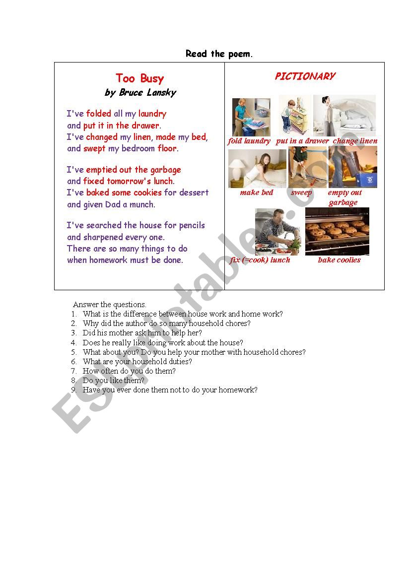 TOO BUSY (a poem) worksheet