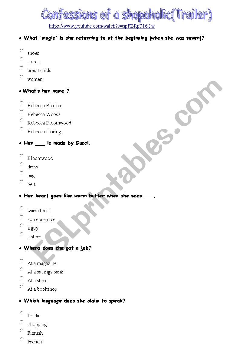 Confessions of a shopaholic worksheet