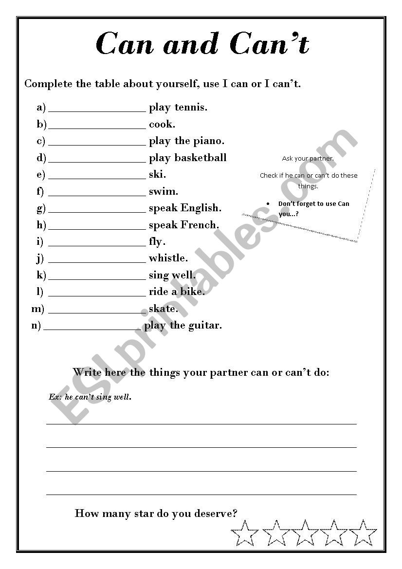 Can and cant - abilities worksheet
