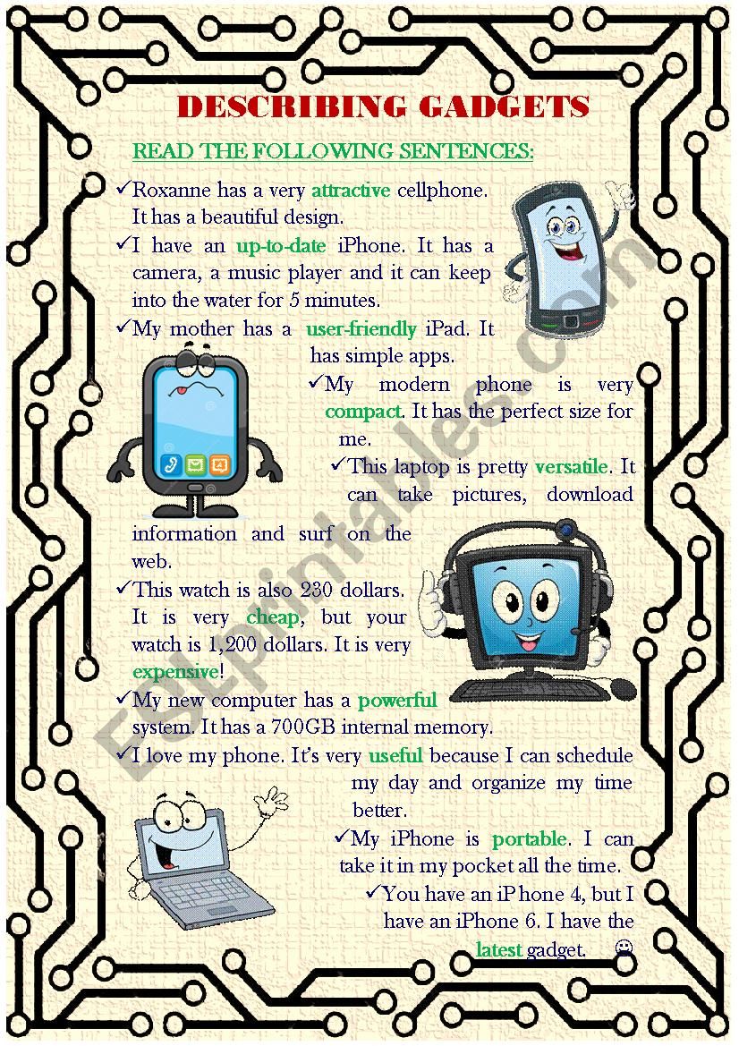 Adjectives for gadgest worksheet