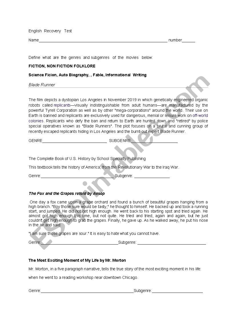  Test about genres worksheet