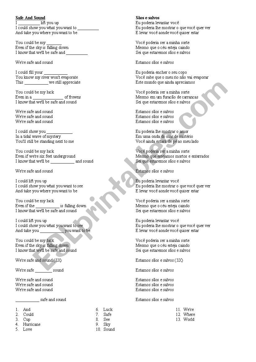 Song: Safe and Sound worksheet