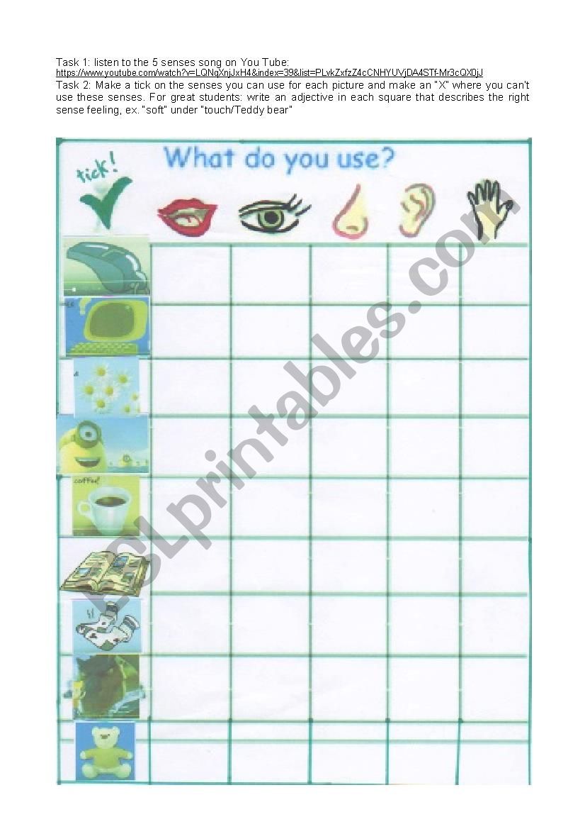 Five senses matching activity worksheet