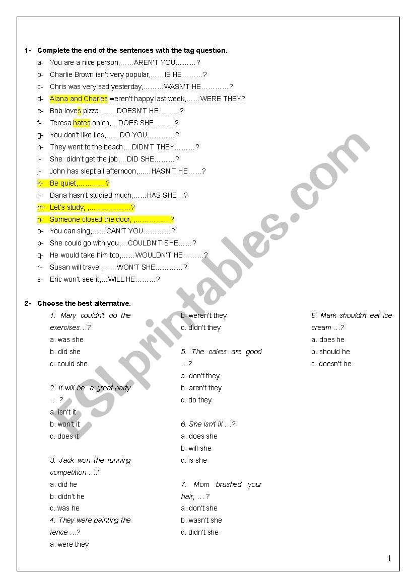 Tag question worksheet