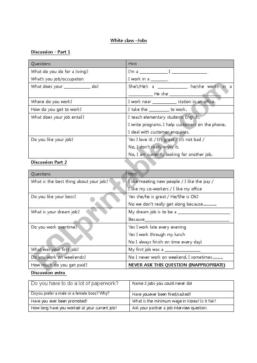 Jobs worksheet