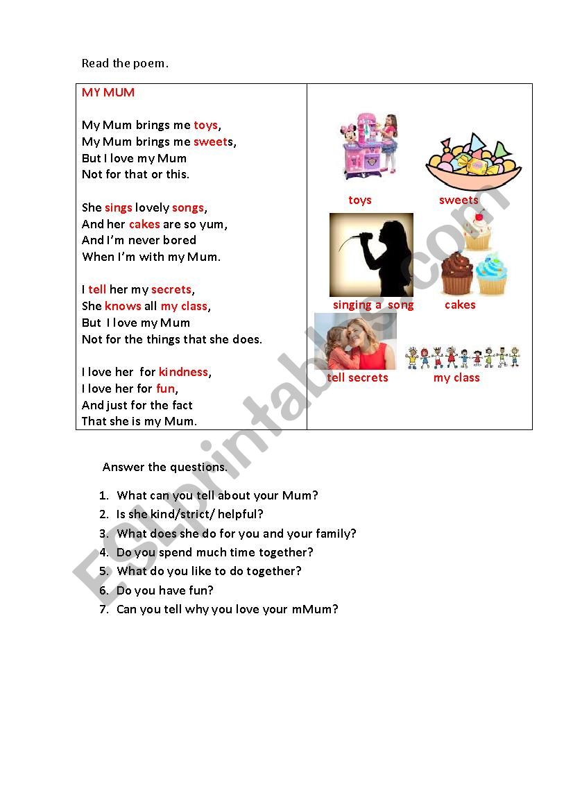 MY MUM (a poem) worksheet