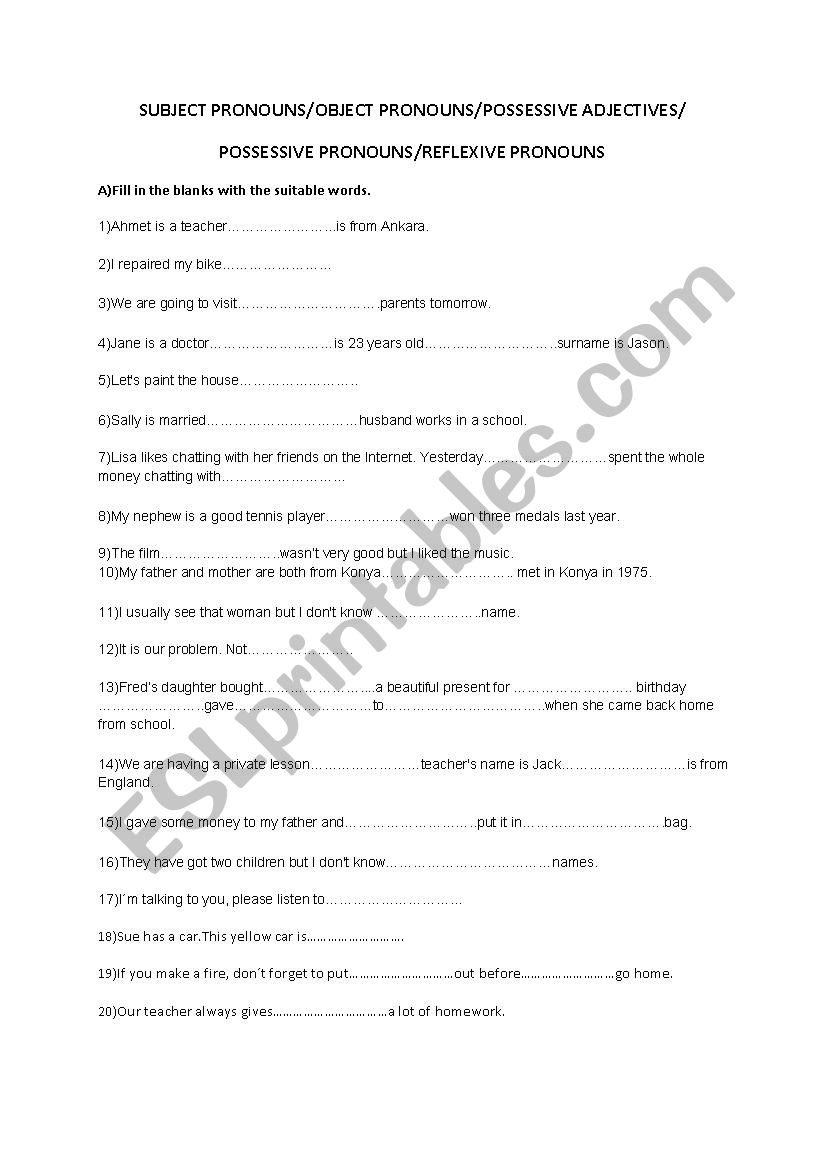 SUBJECT-OBJECT PRONOUNS-POSSESSIVE ADJECTIVES-PROUNOUNS-REFLEXIVE PRONOUNS