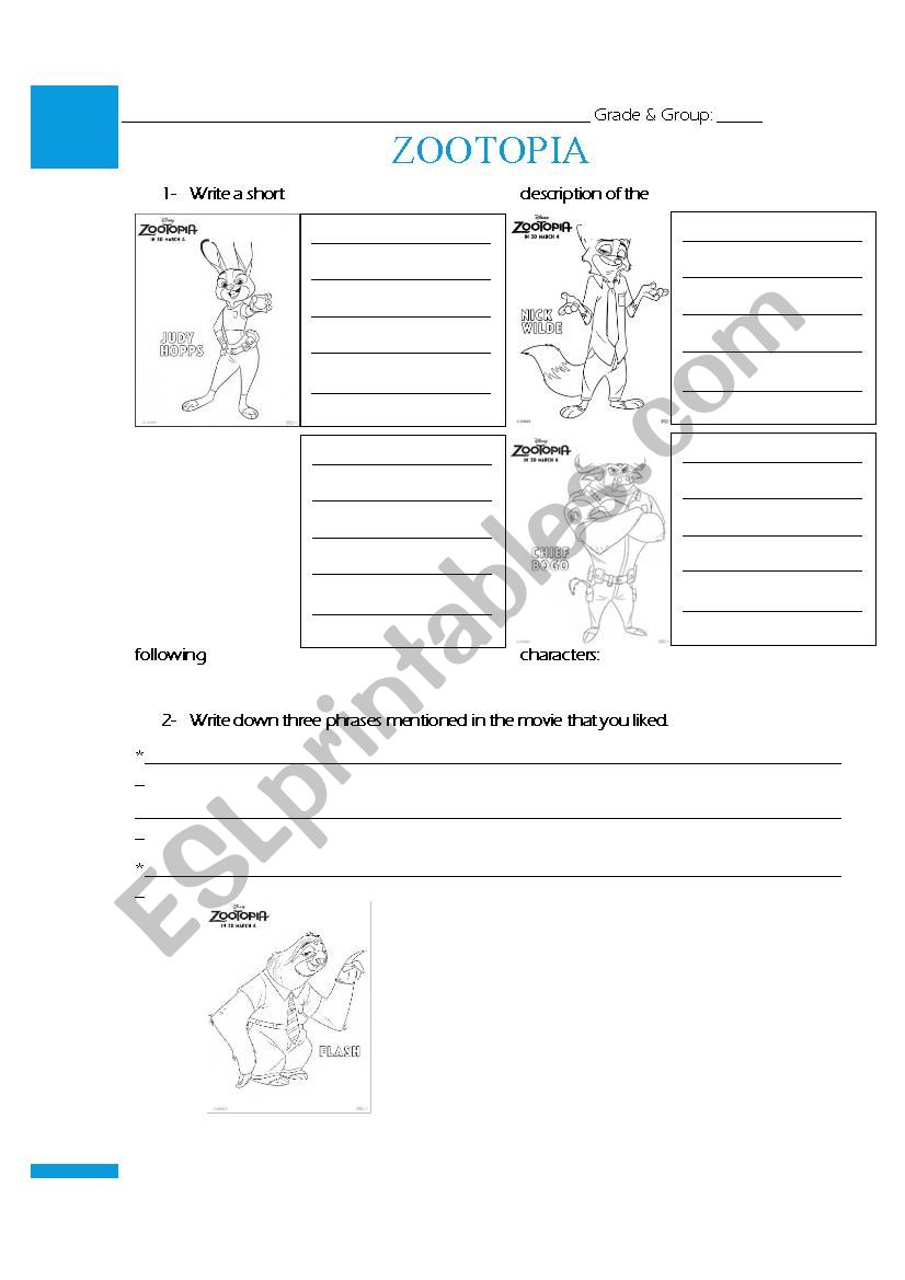 Zootopia worksheet