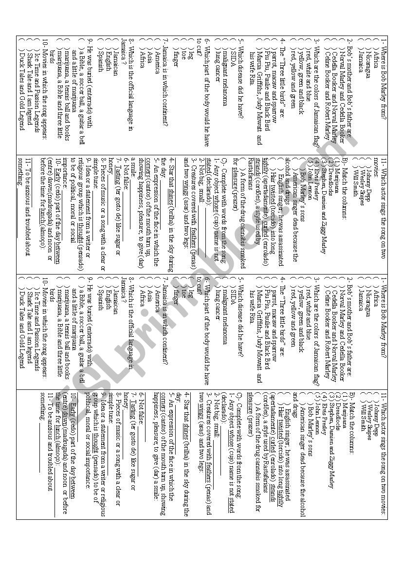 bob marley test worksheet