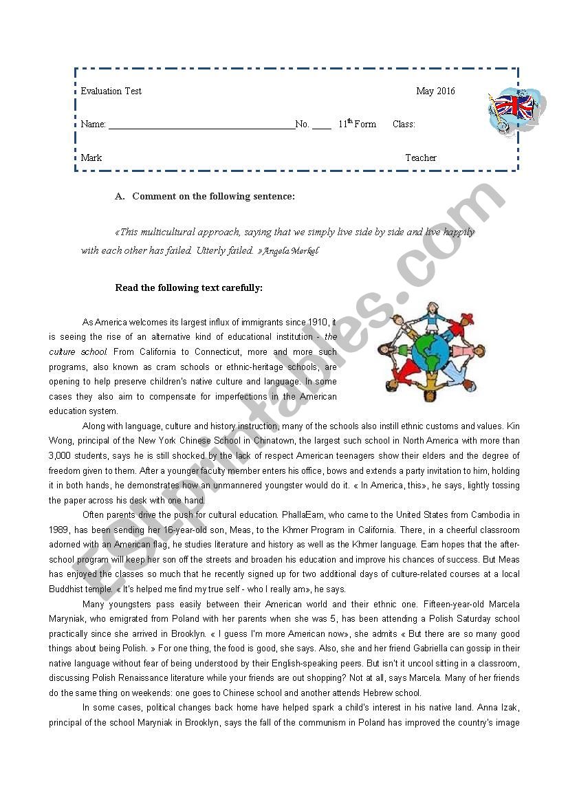 Evaluation Test about a multicultural school